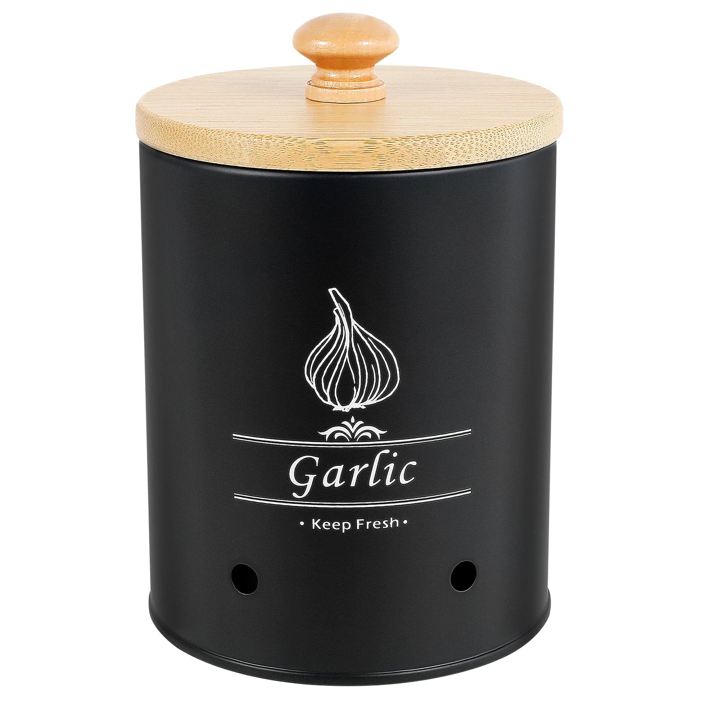 Garlic Keeper Storage Jar with Wooden Lid – Ventilated Carbon Steel Garlic Container for Fresh Storage of Garlic, Onions & Potatoes | Rustic Kitchen Decor