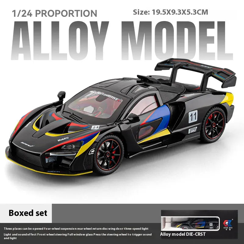 Model samochodu McLaren Senna w skali 1:24 z odlewu ciśnieniowego ze światłami i dźwiękiem – wersja torowa, kolekcjonerski prezent sportowy