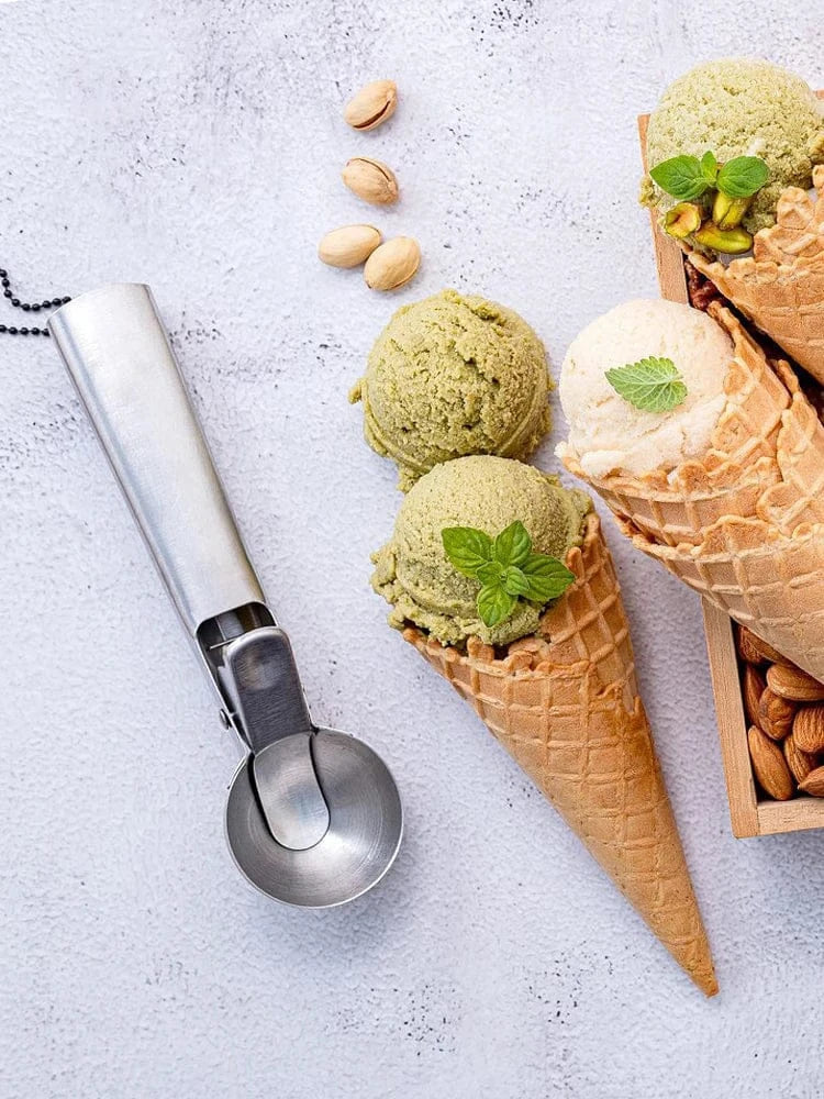 Łyżka do lodów ze stali nierdzewnej z spustem, uchwytem zapobiegającym zamarzaniu, idealna do lodów, mrożonego jogurtu i deserów lodowych