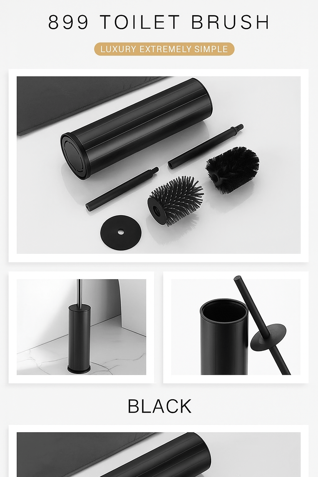 Zestaw szczotki toaletowej Premium montowanej na ścianie – rączka ze stopu aluminium i ceramiczny uchwyt (szary/czarny/biały)
