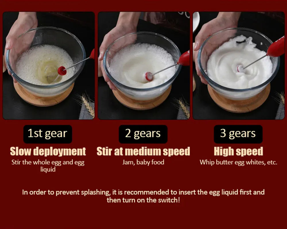Elektryczny spieniacz do mleka, ręczny mikser z trzema prędkościami, ładowany przez USB, trzepaczka do kawy i trzepaczka do jajek