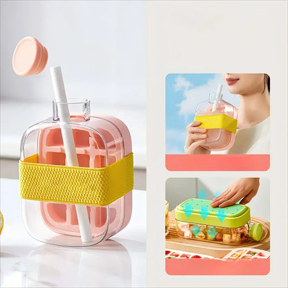 2-in-1 Ice Cube Maker Bottle with Straw – Easy Press Ice Mold & Water Bottle for Summer Drinks