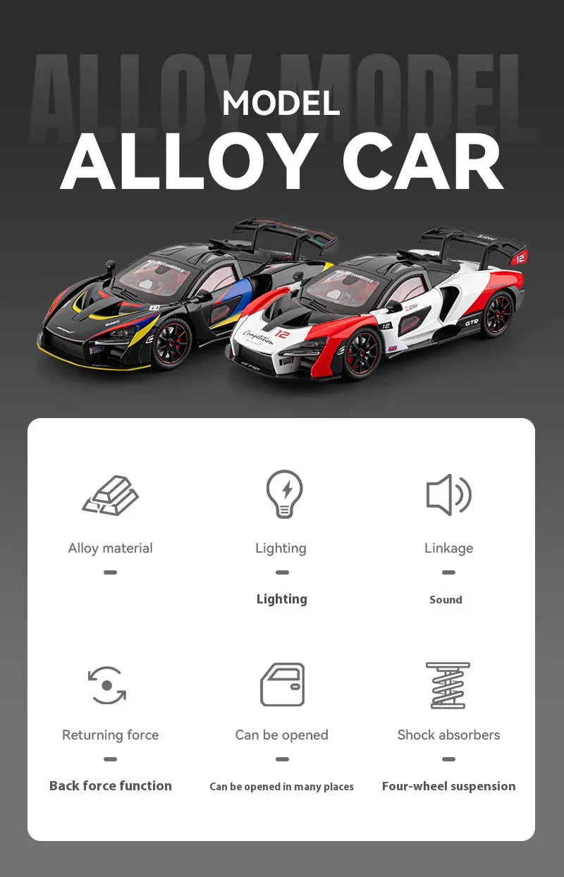 Model samochodu McLaren Senna w skali 1:24 z odlewu ciśnieniowego ze światłami i dźwiękiem – wersja torowa, kolekcjonerski prezent sportowy