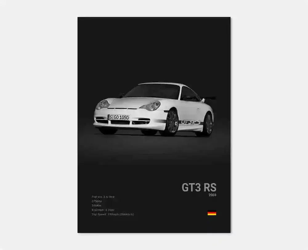 Czarno-biały plakat z niemieckim samochodem sportowym | Płócienna grafika ścienna z Porsche 911 GT3 RS