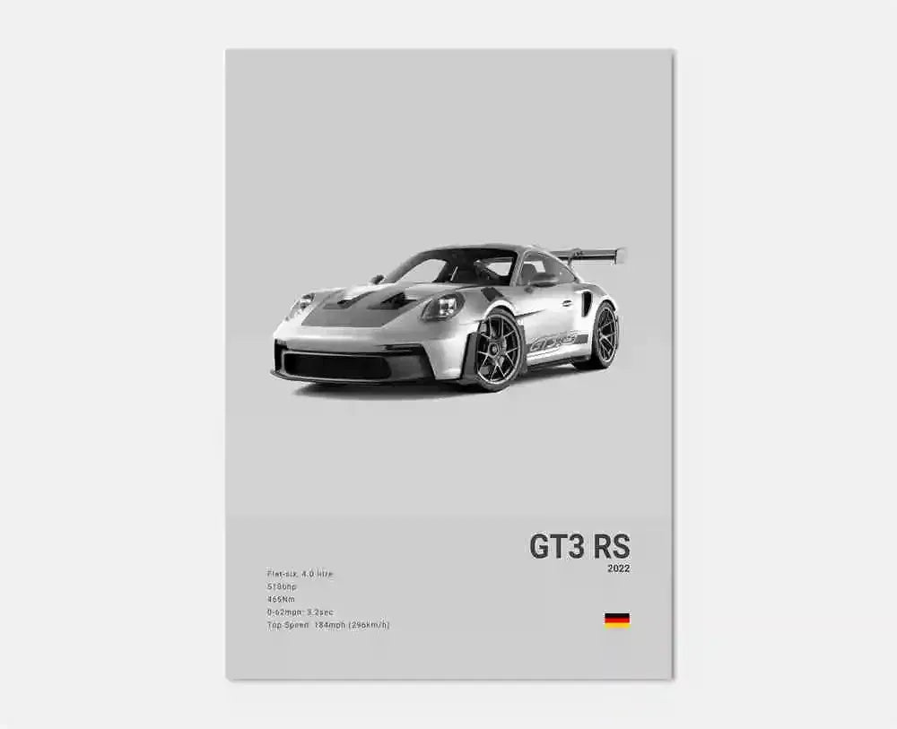 Czarno-biały plakat z niemieckim samochodem sportowym | Płócienna grafika ścienna z Porsche 911 GT3 RS