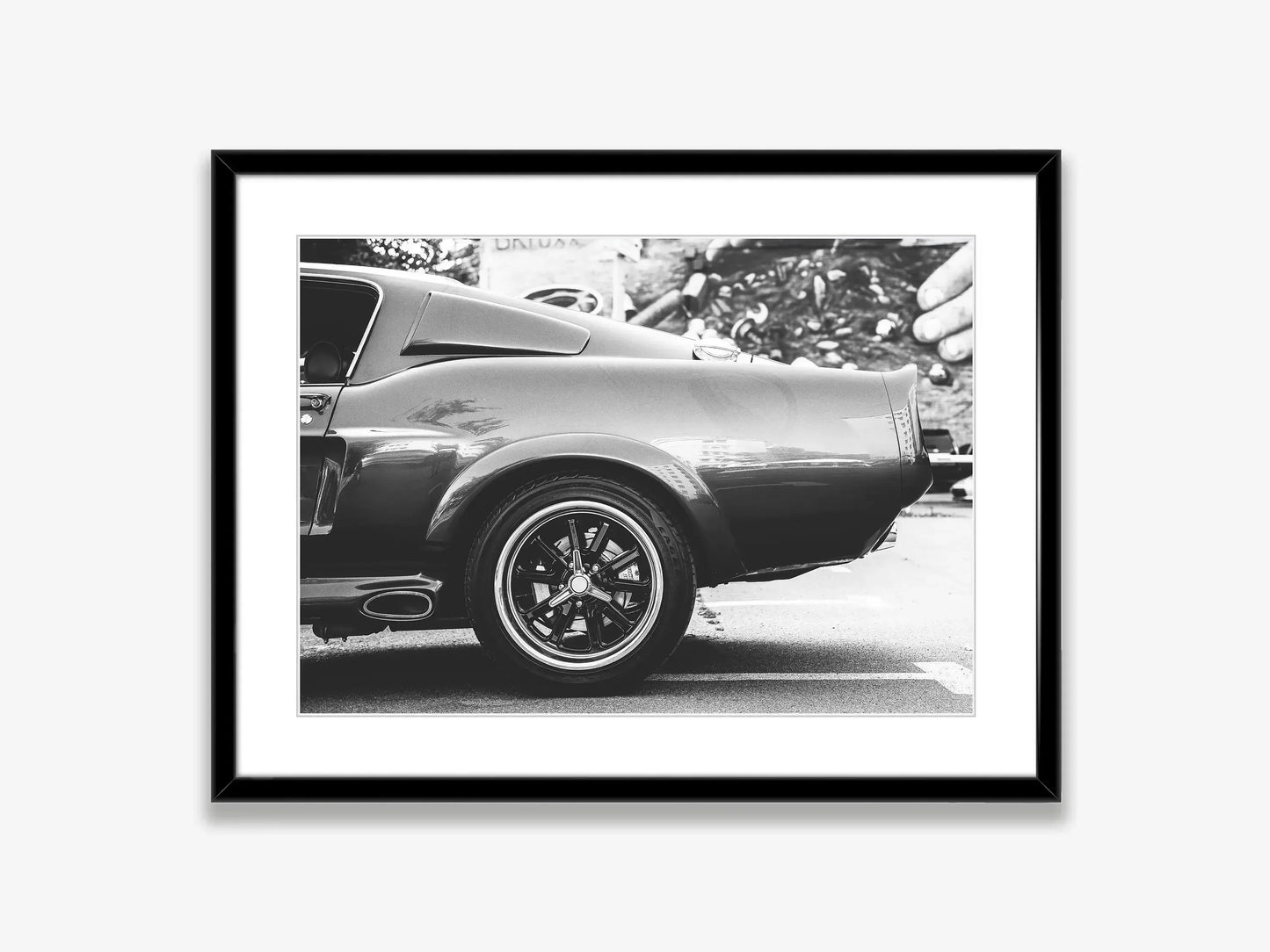 Klasyczny czarno-biały plakat z samochodem Ford Mustang – nowoczesna sztuka ścienna na płótnie na sprzedaż w Polsce 