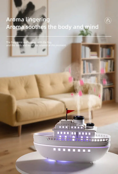 Dyfuzor aromaterapeutyczny Ship 300 ml — nawilżacz z chłodną mgiełką i oświetleniem LED | Dekoracyjny dyfuzor olejków eterycznych Steamboat do domu, sypialni i biura 