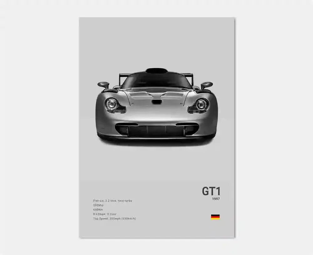 Czarno-biały plakat z niemieckim samochodem sportowym | Płócienna grafika ścienna z Porsche 911 GT3 RS