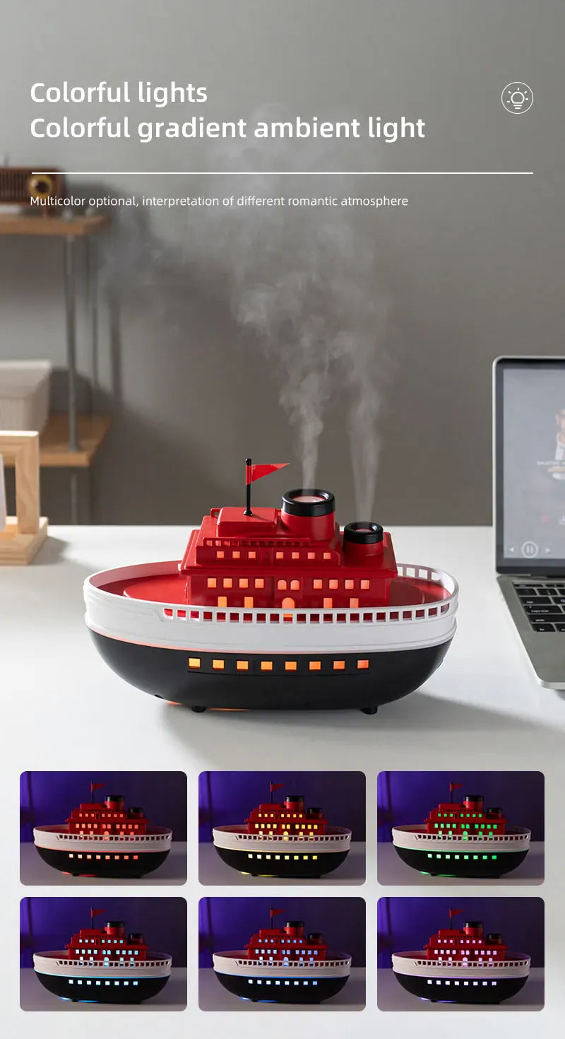 Dyfuzor aromaterapeutyczny Ship 300 ml — nawilżacz z chłodną mgiełką i oświetleniem LED | Dekoracyjny dyfuzor olejków eterycznych Steamboat do domu, sypialni i biura 