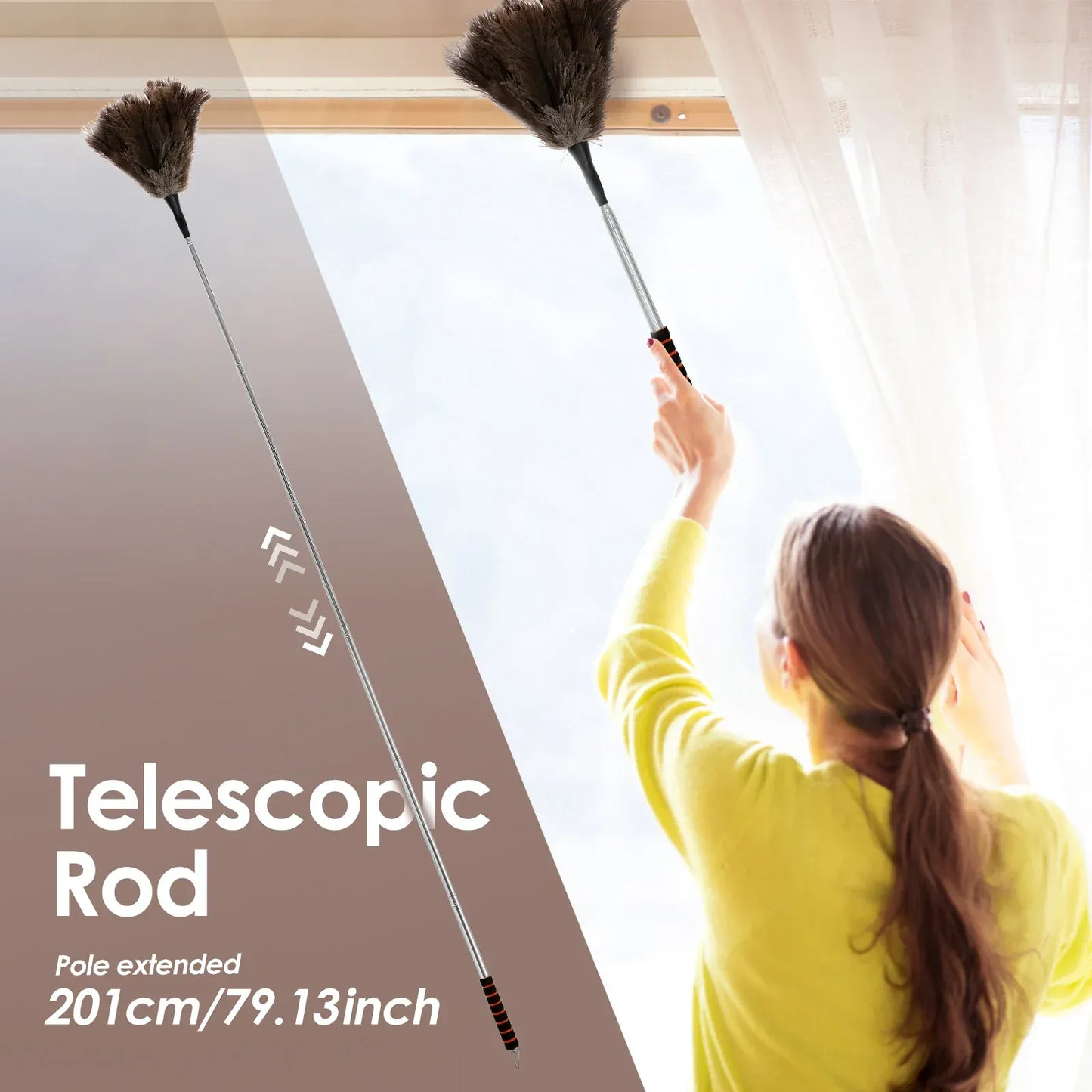 Rozkładana miotełka ze strusich piór z długą rączką ze stali nierdzewnej | Naturalna szczotka do czyszczenia z piór do domu, wentylatorów sufitowych i mebli – na sprzedaż w Polsce