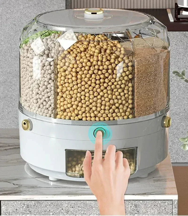 360° Rotating Rice & Cereal Dispenser – Airtight 6-Compartment Grain Storage Box for Kitchen