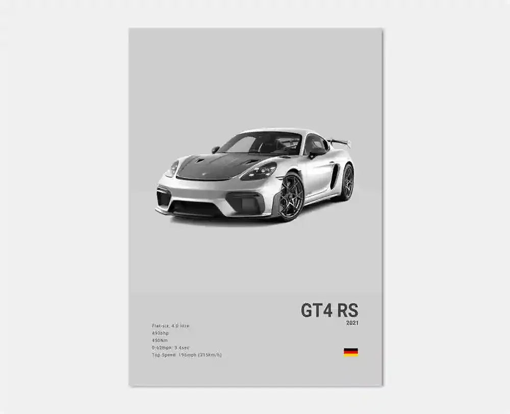 Czarno-biały plakat z niemieckim samochodem sportowym | Płócienna grafika ścienna z Porsche 911 GT3 RS