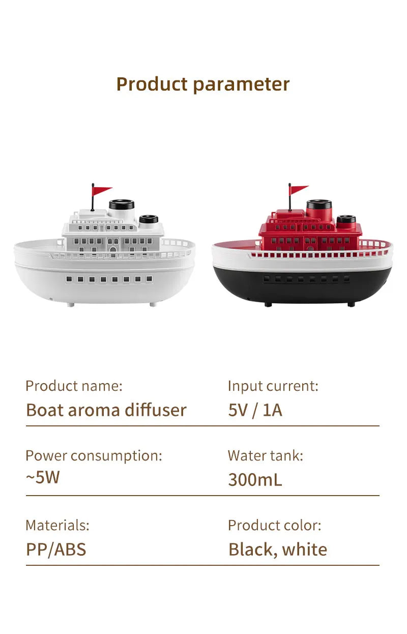 Dyfuzor aromaterapeutyczny Ship 300 ml — nawilżacz z chłodną mgiełką i oświetleniem LED | Dekoracyjny dyfuzor olejków eterycznych Steamboat do domu, sypialni i biura 