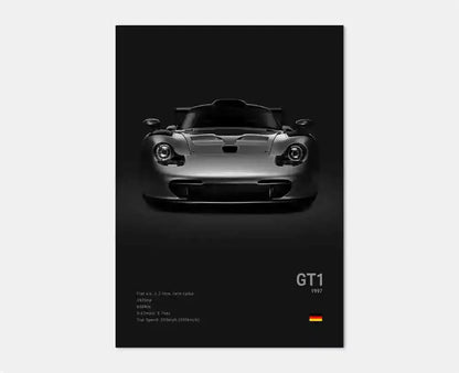 Czarno-biały plakat z niemieckim samochodem sportowym | Płócienna grafika ścienna z Porsche 911 GT3 RS