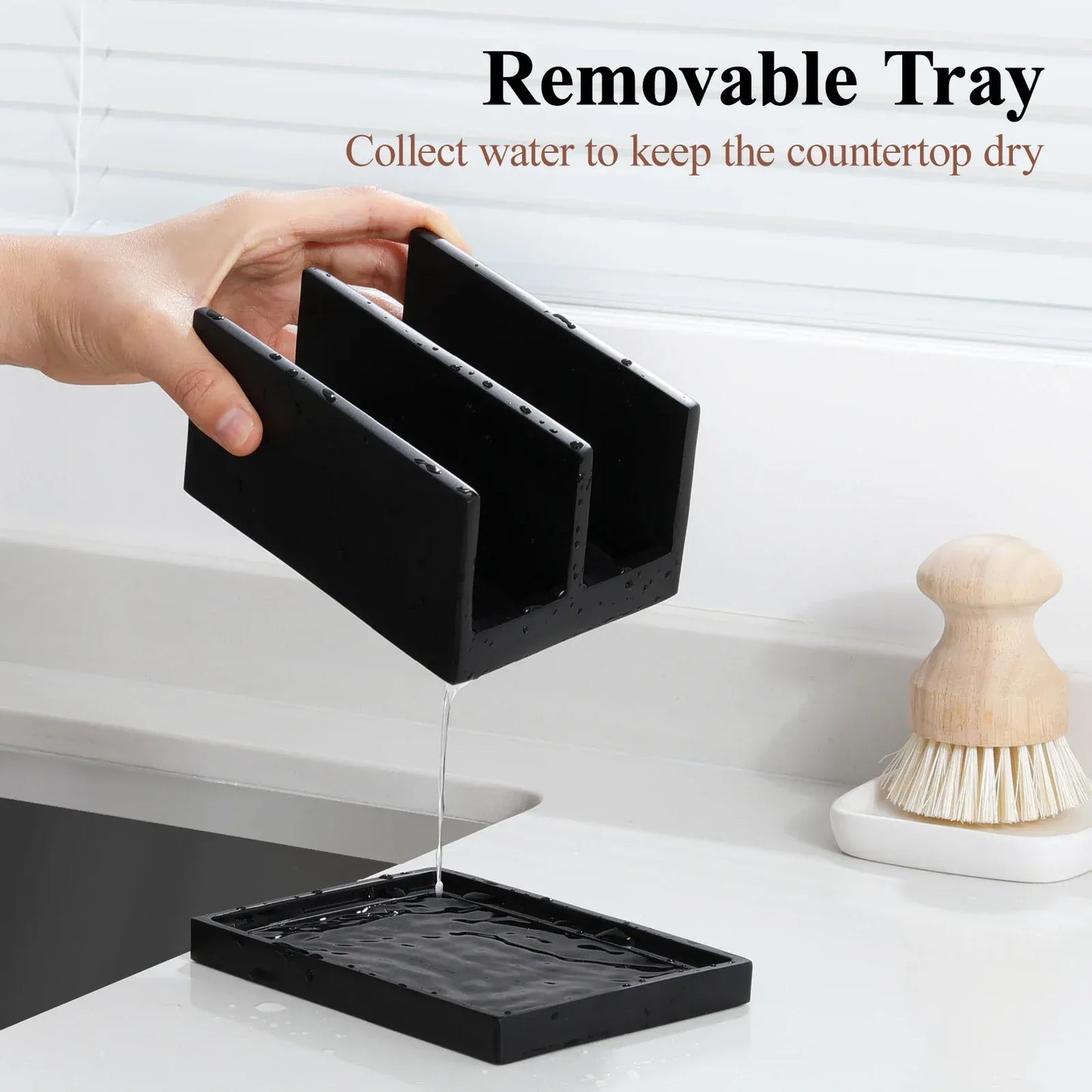 Uchwyt na gąbkę kuchenną Luxspire Resin – dwukomorowy organizer do zlewu z tacką ociekową 