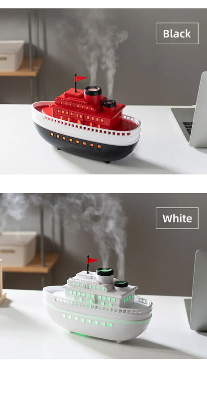 Dyfuzor aromaterapeutyczny Ship 300 ml — nawilżacz z chłodną mgiełką i oświetleniem LED | Dekoracyjny dyfuzor olejków eterycznych Steamboat do domu, sypialni i biura 