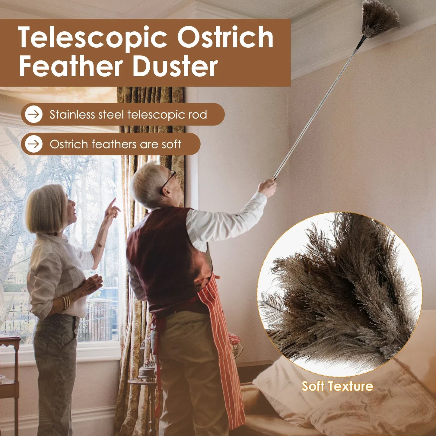 Rozkładana miotełka ze strusich piór z długą rączką ze stali nierdzewnej | Naturalna szczotka do czyszczenia z piór do domu, wentylatorów sufitowych i mebli – na sprzedaż w Polsce