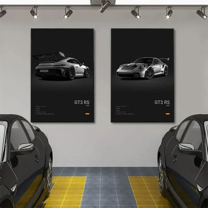Czarno-biały plakat z niemieckim samochodem sportowym | Płócienna grafika ścienna z Porsche 911 GT3 RS