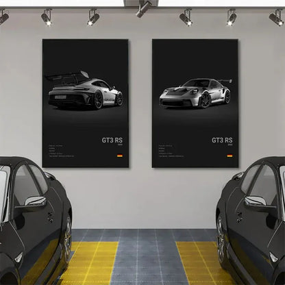 Czarno-biały plakat z niemieckim samochodem sportowym | Płócienna grafika ścienna z Porsche 911 GT3 RS