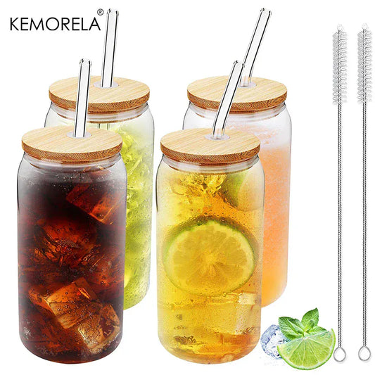 KEMORELA 1/2/4PCS Glass Cups Set with Bamboo Lid & Straw – Iced Coffee, Bubble Tea & Juice Glasses 17oz