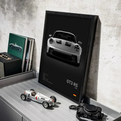 Czarno-biały plakat z niemieckim samochodem sportowym | Płócienna grafika ścienna z Porsche 911 GT3 RS