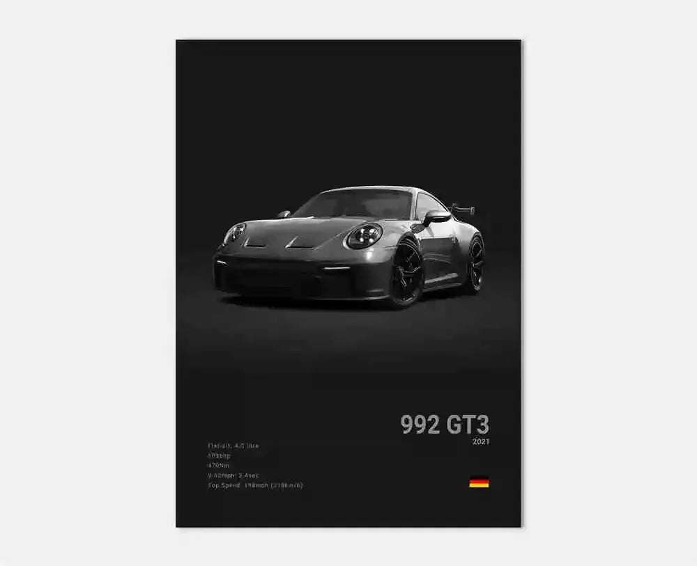 Czarno-biały plakat z niemieckim samochodem sportowym | Płócienna grafika ścienna z Porsche 911 GT3 RS