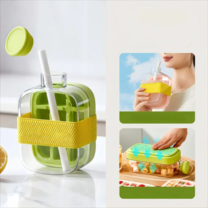 2-in-1 Ice Cube Maker Bottle with Straw – Easy Press Ice Mold & Water Bottle for Summer Drinks