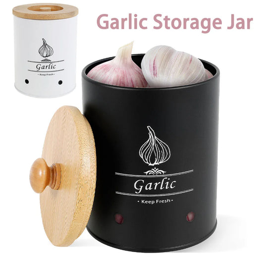 Garlic Keeper Storage Jar with Wooden Lid – Ventilated Carbon Steel Garlic Container for Fresh Storage of Garlic, Onions & Potatoes | Rustic Kitchen Decor