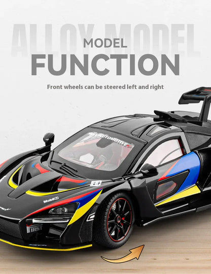 Model samochodu McLaren Senna w skali 1:24 z odlewu ciśnieniowego ze światłami i dźwiękiem – wersja torowa, kolekcjonerski prezent sportowy