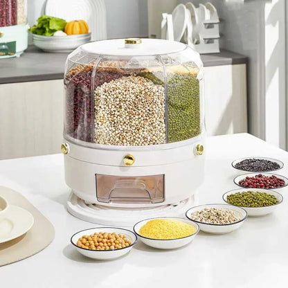 360° Rotating Rice & Cereal Dispenser – Airtight 6-Compartment Grain Storage Box for Kitchen