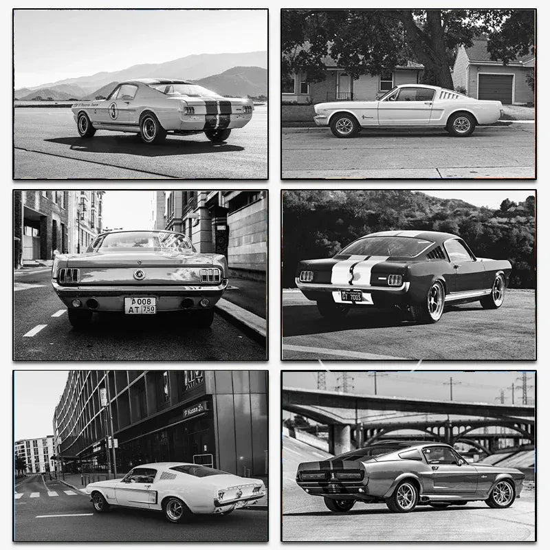 Klasyczny czarno-biały plakat z samochodem Ford Mustang – nowoczesna sztuka ścienna na płótnie na sprzedaż w Polsce 