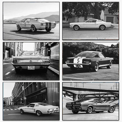 Klasyczny czarno-biały plakat z samochodem Ford Mustang – nowoczesna sztuka ścienna na płótnie na sprzedaż w Polsce 