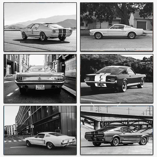 Klasyczny czarno-biały plakat z samochodem Ford Mustang – nowoczesna sztuka ścienna na płótnie na sprzedaż w Polsce 