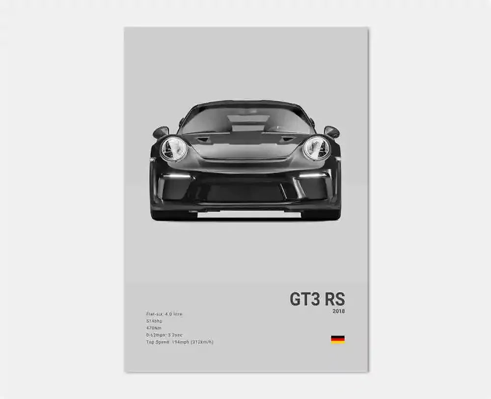 Czarno-biały plakat z niemieckim samochodem sportowym | Płócienna grafika ścienna z Porsche 911 GT3 RS