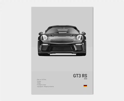 Czarno-biały plakat z niemieckim samochodem sportowym | Płócienna grafika ścienna z Porsche 911 GT3 RS