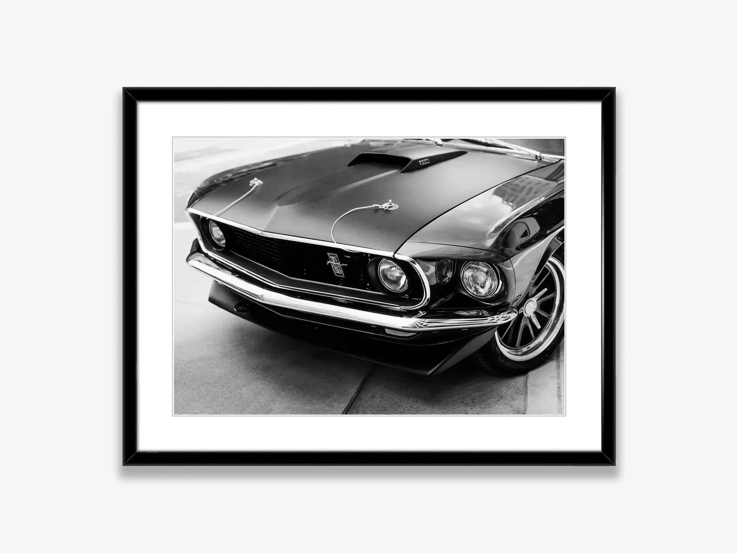 Klasyczny czarno-biały plakat z samochodem Ford Mustang – nowoczesna sztuka ścienna na płótnie na sprzedaż w Polsce 