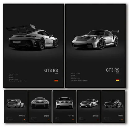 Czarno-biały plakat z niemieckim samochodem sportowym | Płócienna grafika ścienna z Porsche 911 GT3 RS