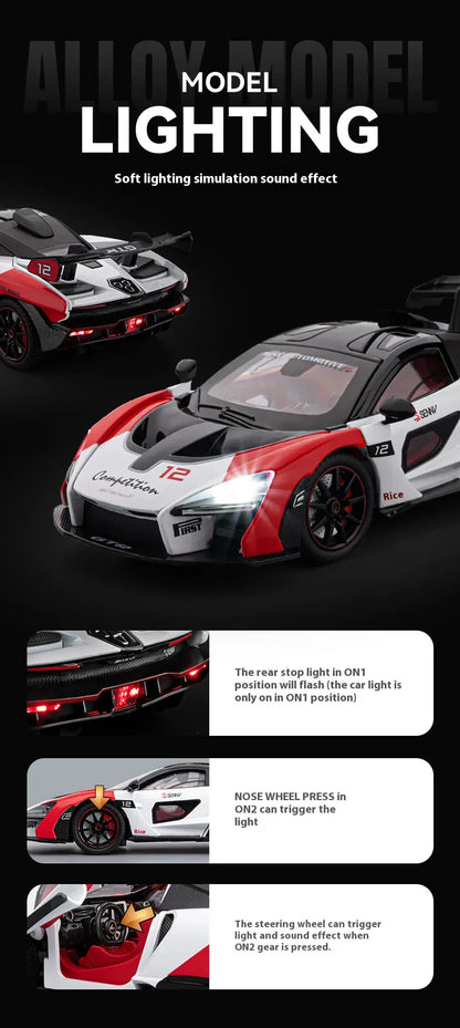 Model samochodu McLaren Senna w skali 1:24 z odlewu ciśnieniowego ze światłami i dźwiękiem – wersja torowa, kolekcjonerski prezent sportowy