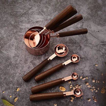 Zestaw miarek i łyżek ze stali nierdzewnej z uchwytami z drewna różanego – najwyższej jakości narzędzia do pieczenia i kawy 