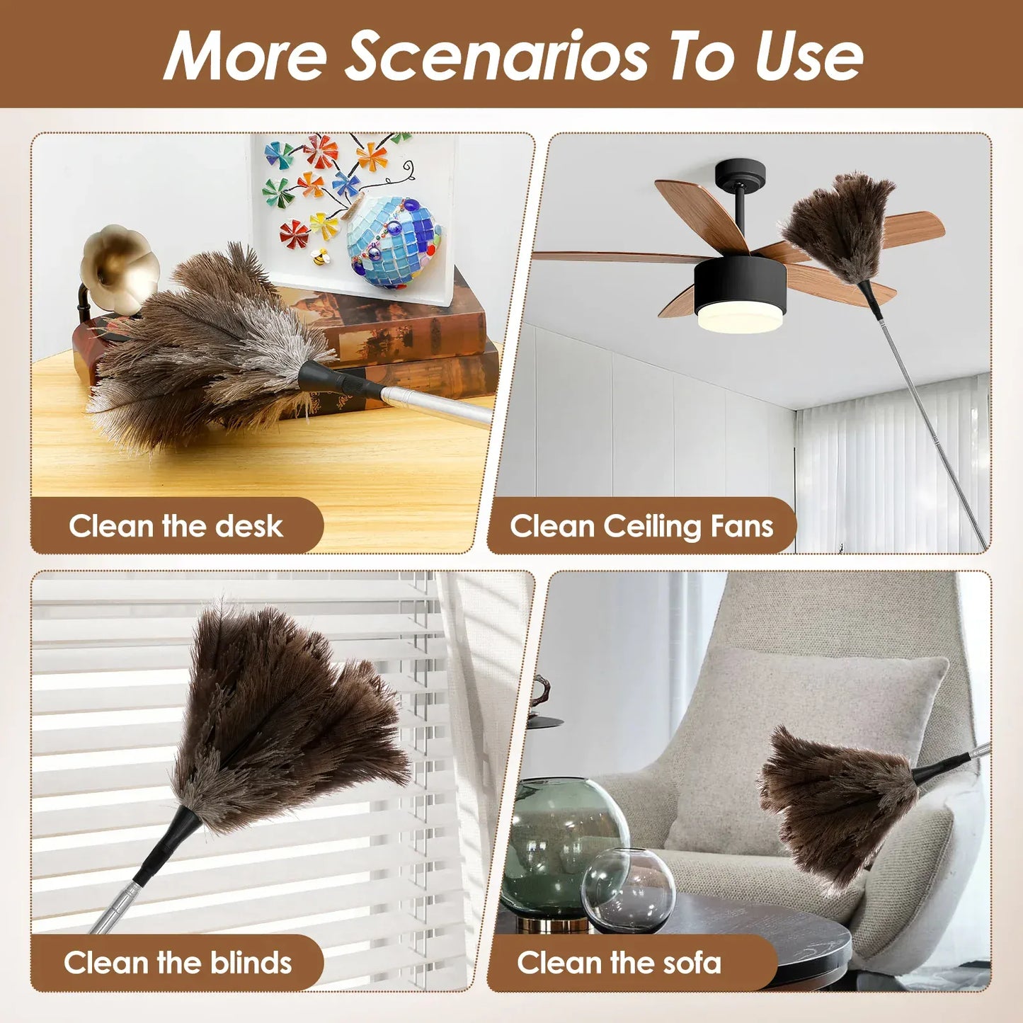 Rozkładana miotełka ze strusich piór z długą rączką ze stali nierdzewnej | Naturalna szczotka do czyszczenia z piór do domu, wentylatorów sufitowych i mebli – na sprzedaż w Polsce