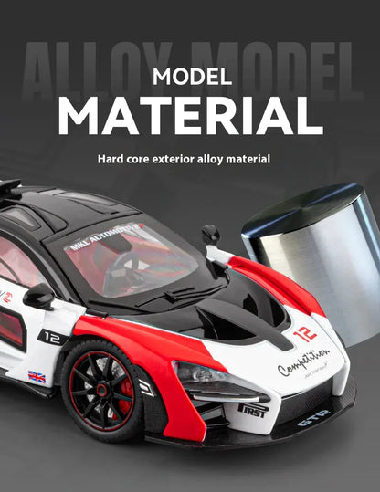 Model samochodu McLaren Senna w skali 1:24 z odlewu ciśnieniowego ze światłami i dźwiękiem – wersja torowa, kolekcjonerski prezent sportowy