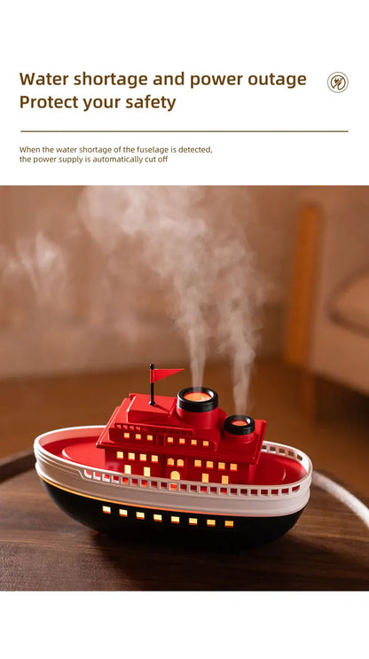 Dyfuzor aromaterapeutyczny Ship 300 ml — nawilżacz z chłodną mgiełką i oświetleniem LED | Dekoracyjny dyfuzor olejków eterycznych Steamboat do domu, sypialni i biura 
