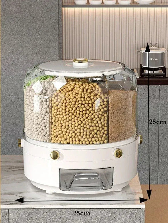 360° Rotating Rice & Cereal Dispenser – Airtight 6-Compartment Grain Storage Box for Kitchen