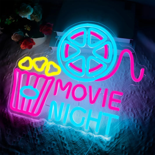 Popcorn Movie Night Paper Box Neon Light – Cinema LED Neon Sign for Wall Decoration, Movie Time Home Theater Decor, USB Powered Neon Lamp