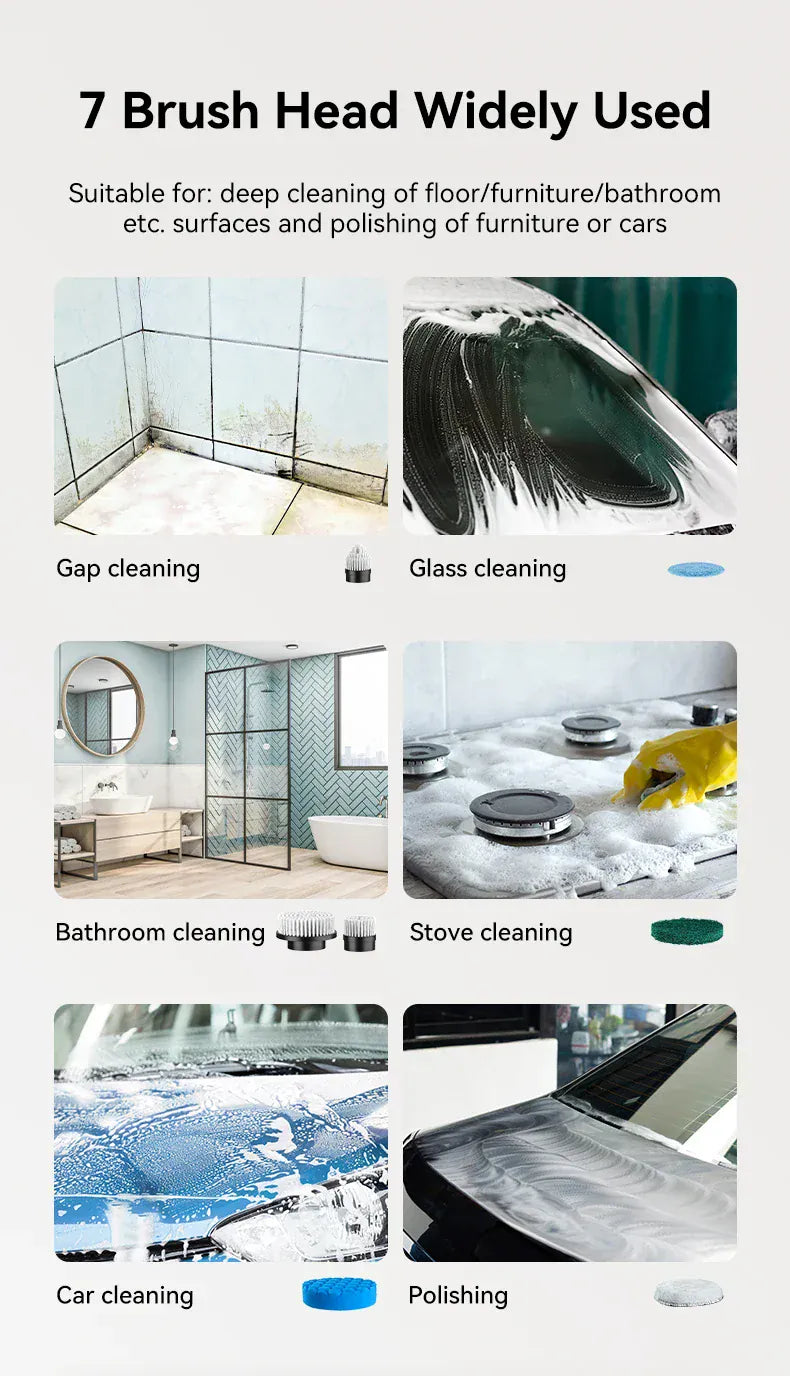 7-w-1 bezprzewodowa elektryczna szczotka czyszcząca – szorowarka obrotowa do łazienki, kuchni, okien i samochodu