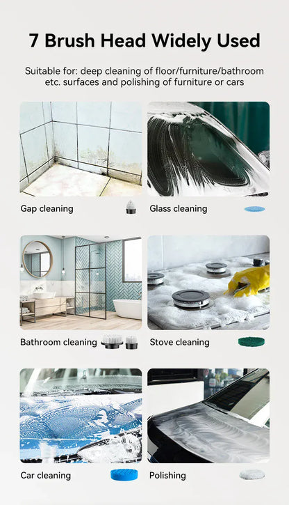 7-w-1 bezprzewodowa elektryczna szczotka czyszcząca – szorowarka obrotowa do łazienki, kuchni, okien i samochodu
