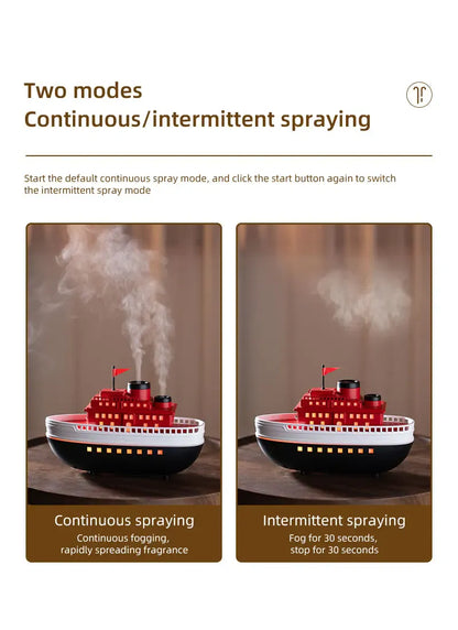 Dyfuzor aromaterapeutyczny Ship 300 ml — nawilżacz z chłodną mgiełką i oświetleniem LED | Dekoracyjny dyfuzor olejków eterycznych Steamboat do domu, sypialni i biura 