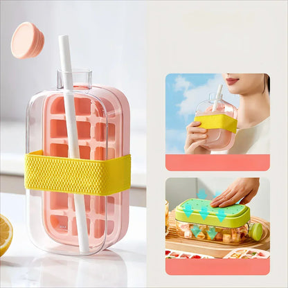 2-in-1 Ice Cube Maker Bottle with Straw – Easy Press Ice Mold & Water Bottle for Summer Drinks