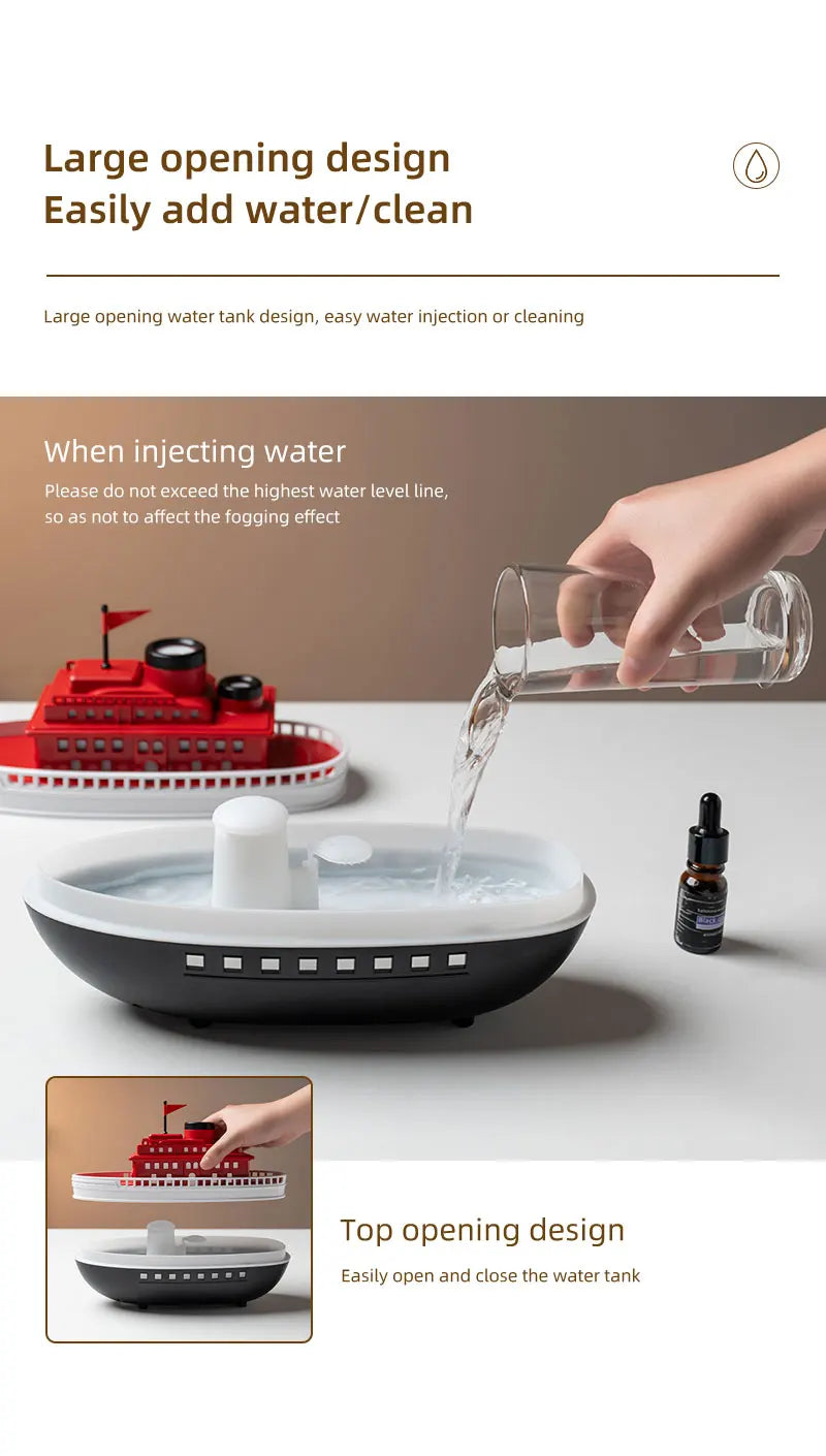 Dyfuzor aromaterapeutyczny Ship 300 ml — nawilżacz z chłodną mgiełką i oświetleniem LED | Dekoracyjny dyfuzor olejków eterycznych Steamboat do domu, sypialni i biura 