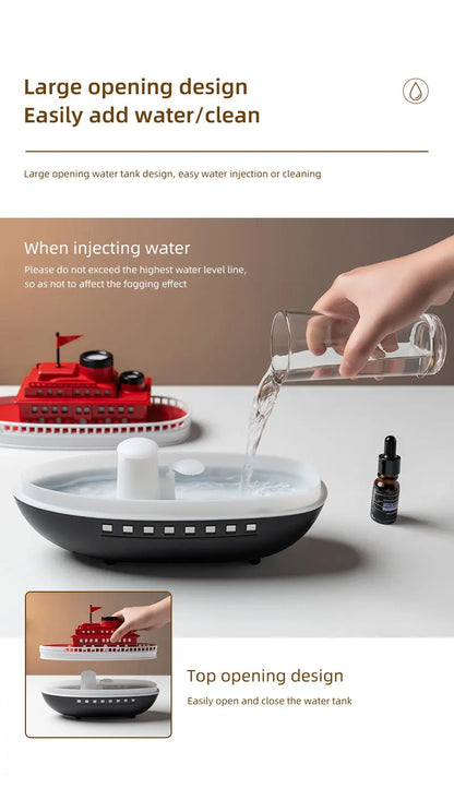 Dyfuzor aromaterapeutyczny Ship 300 ml — nawilżacz z chłodną mgiełką i oświetleniem LED | Dekoracyjny dyfuzor olejków eterycznych Steamboat do domu, sypialni i biura 